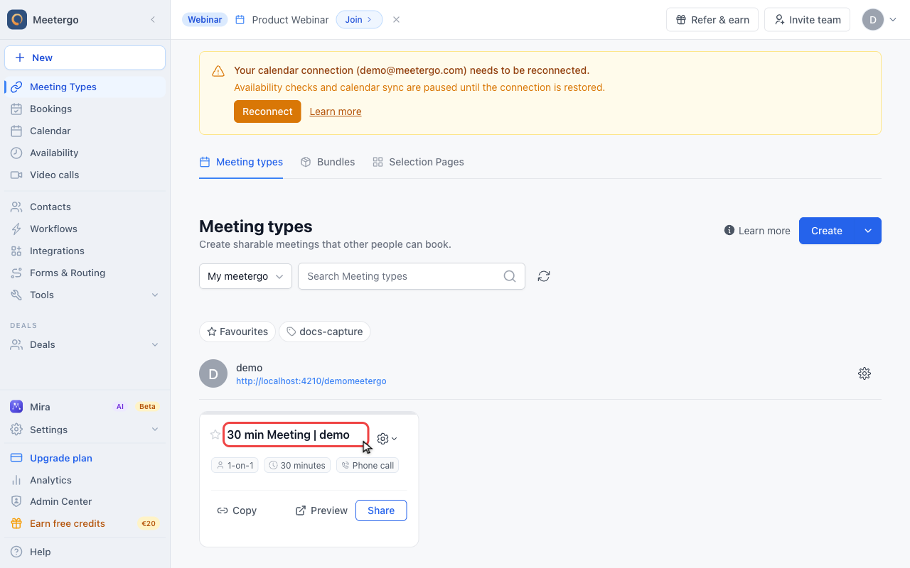 Open a meeting type