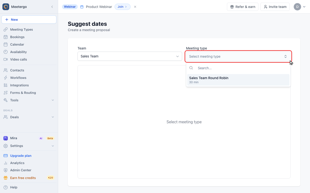 Open the meeting type selector