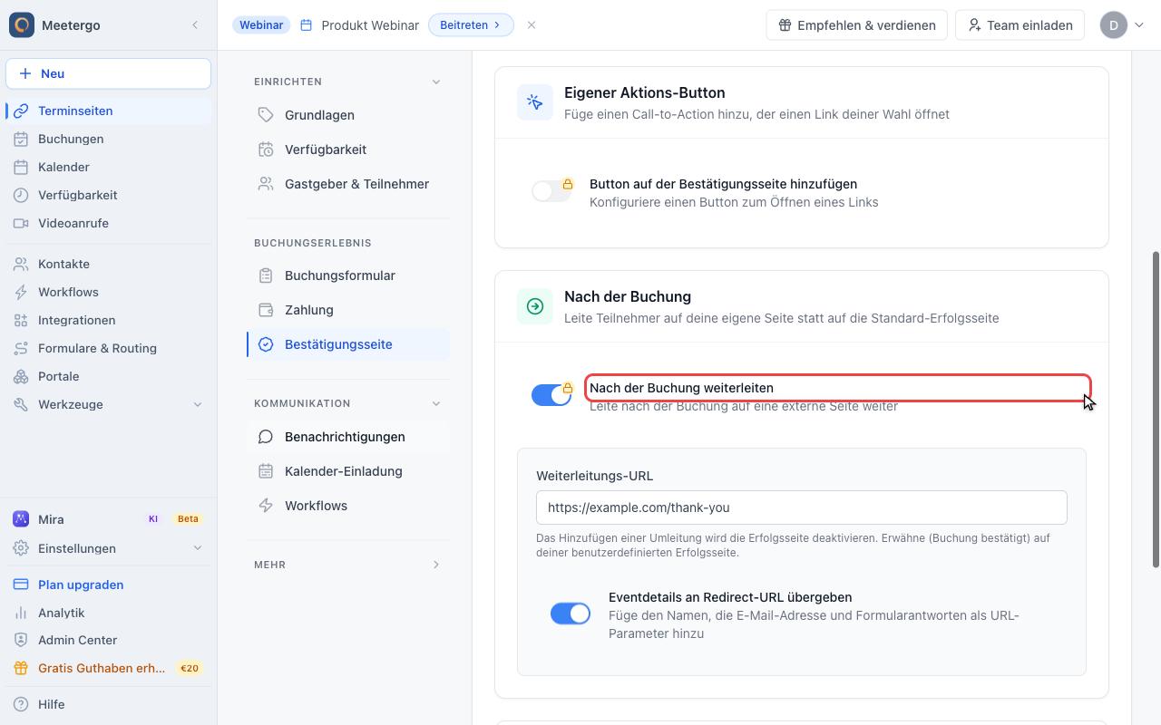 Nach der Buchung weiterleiten aktivieren
