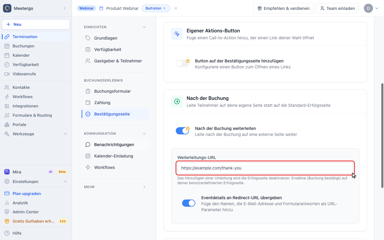 Weiterleitungs-URL eintragen