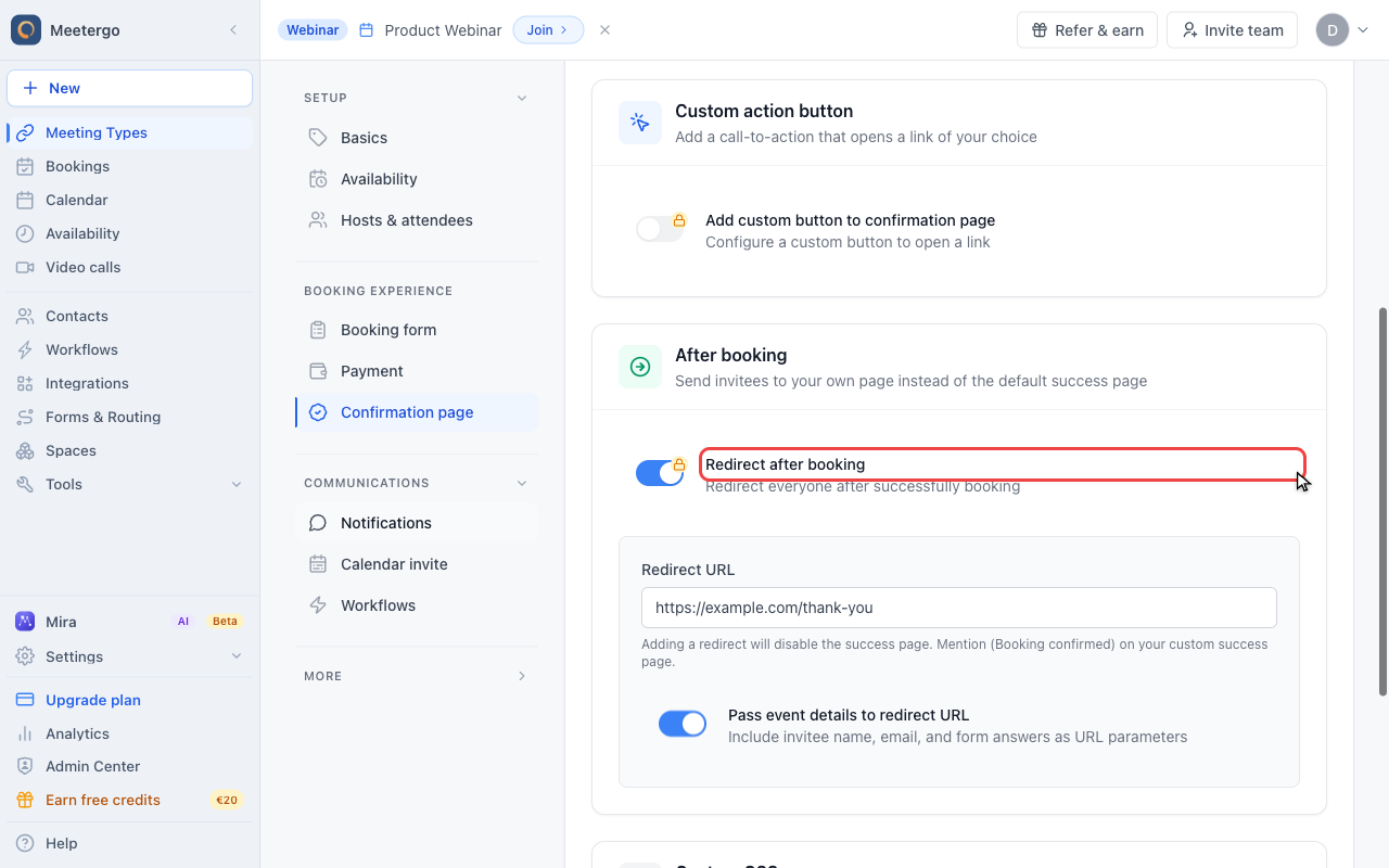 Enable Redirect after booking