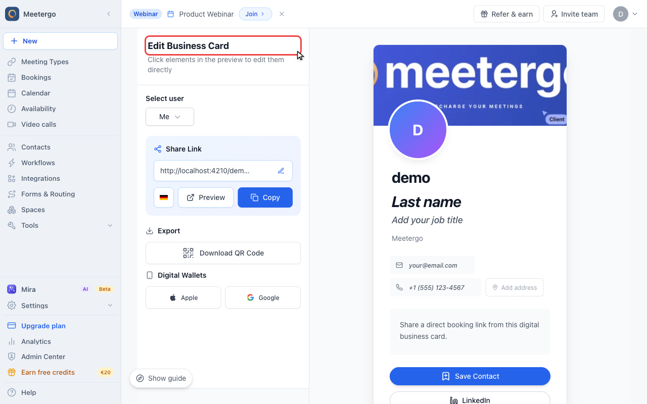 Open the business card editor