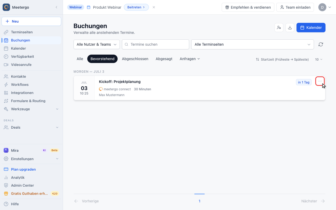 Aktionsmenü öffnen