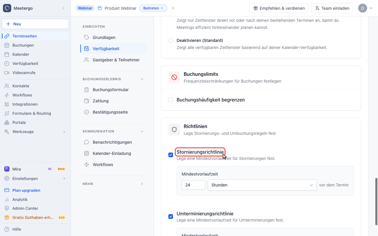Stornierungsrichtlinie aktivieren