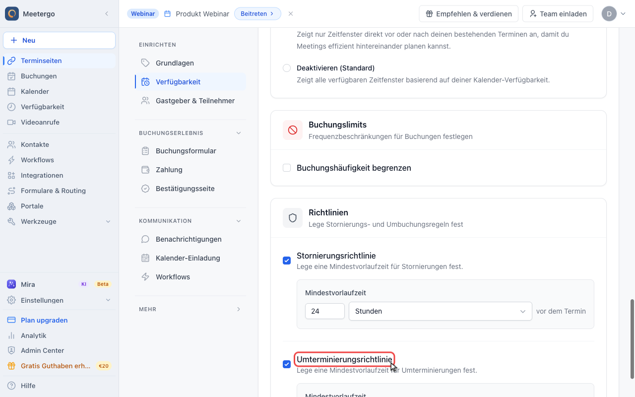 Umterminierungsrichtlinie aktivieren