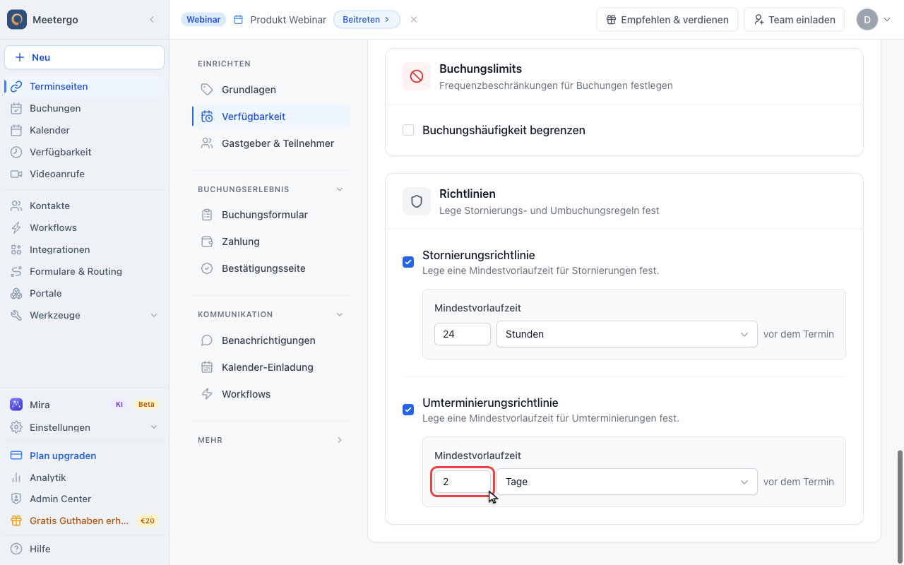 Umterminierungsfrist einstellen