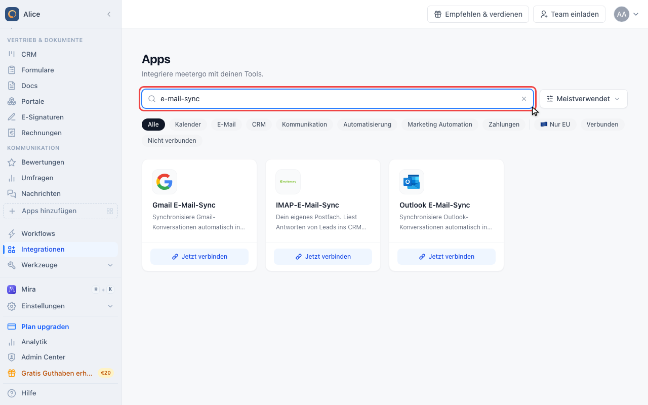 Nach E-Mail-Sync suchen