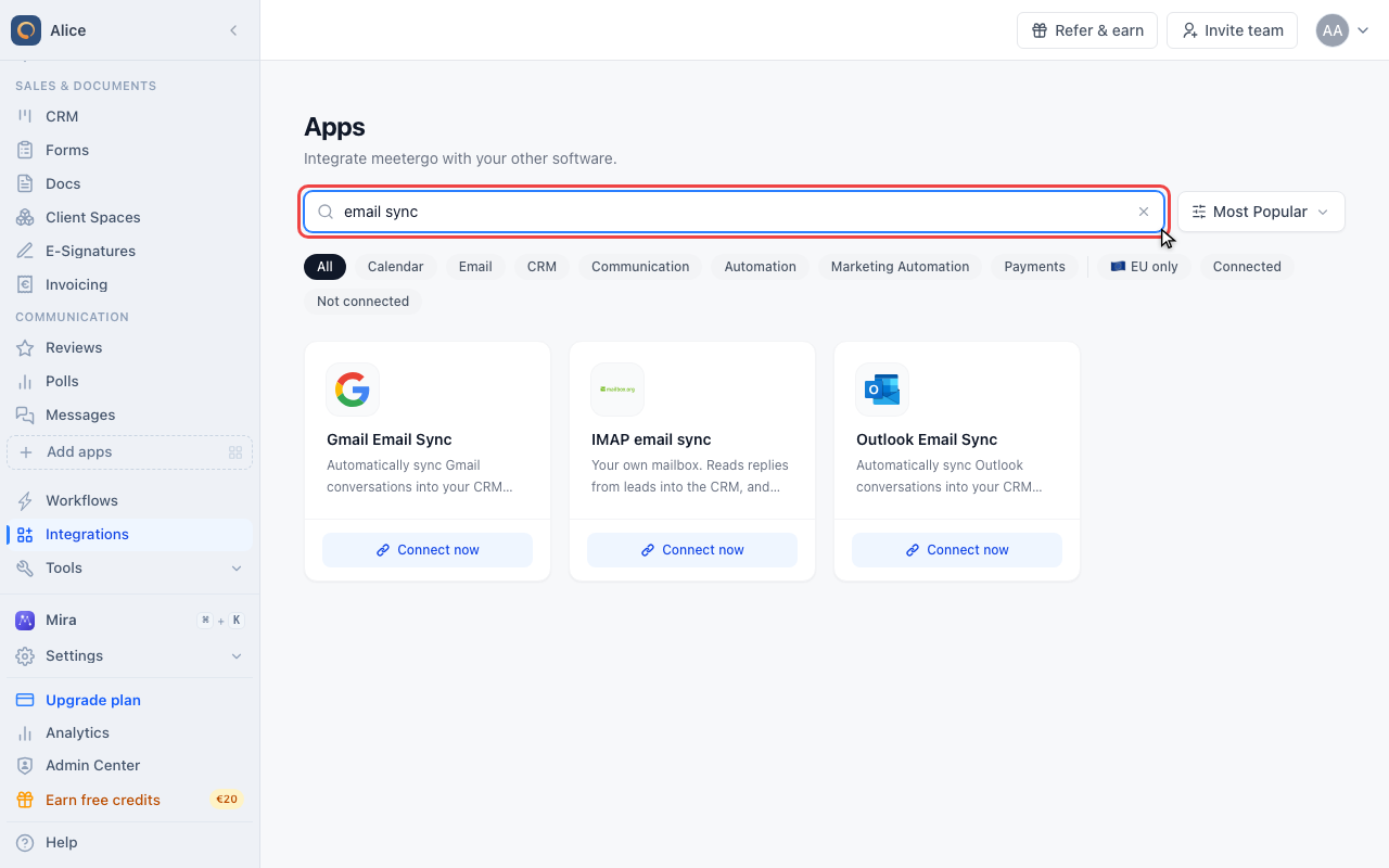 Search for email sync
