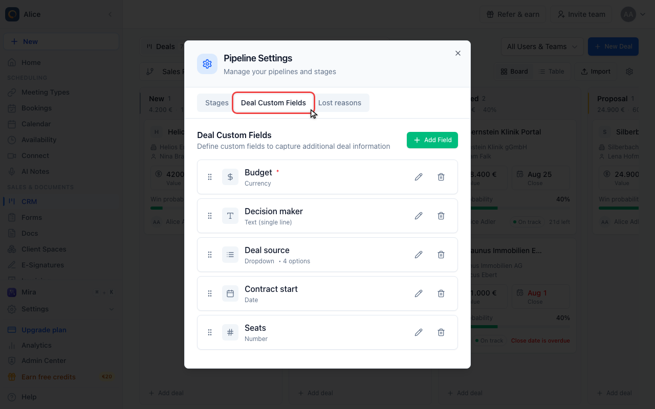 Open Deal Custom Fields