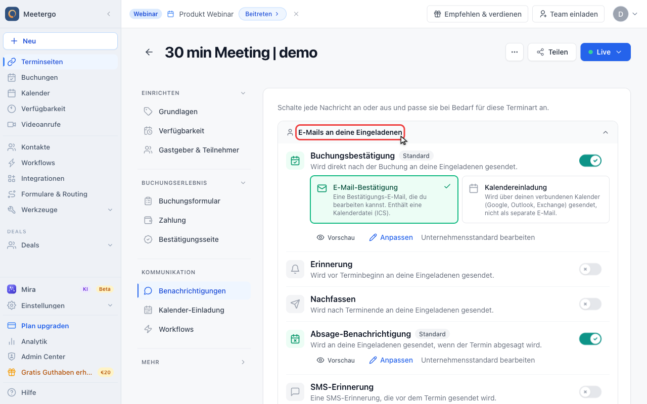 Mit E-Mails an Eingeladene starten