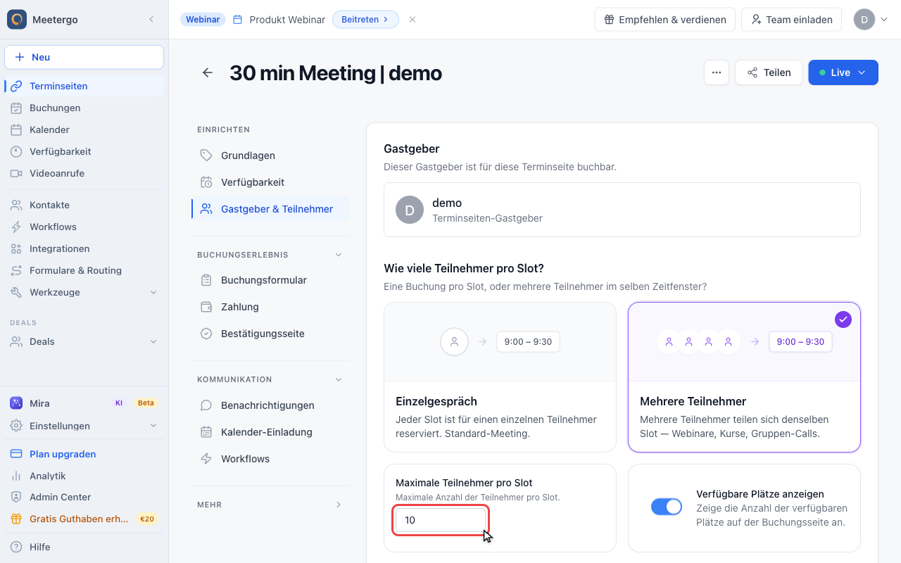 Maximale Plätze einstellen