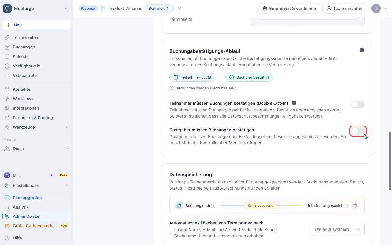 Gastgeberbestätigung einschalten