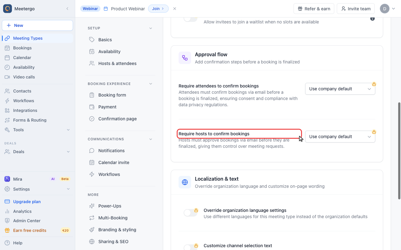 Review the meeting type override