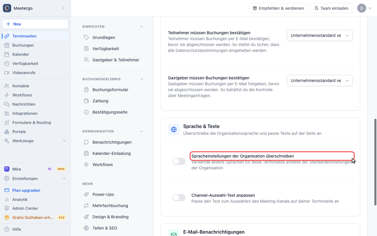Spracheinstellungen der Organisation überschreiben