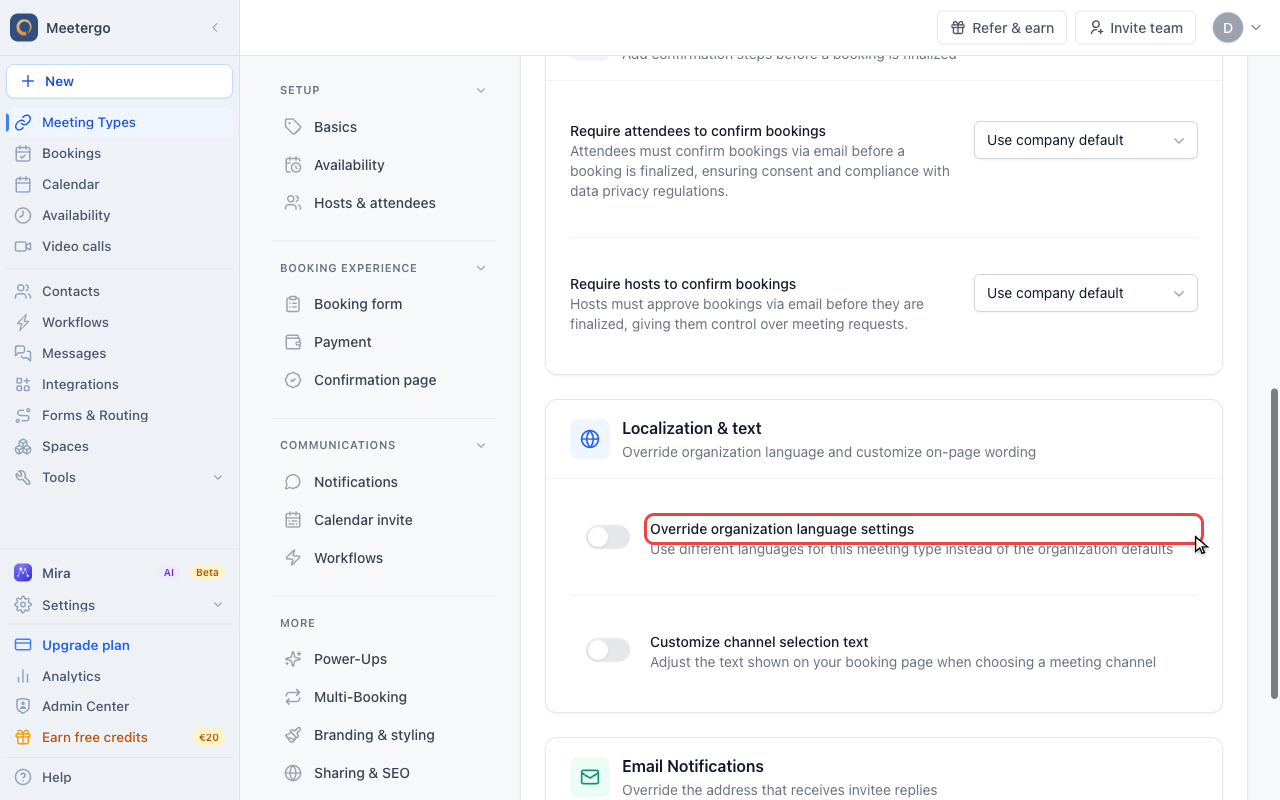 Use Override organization language settings