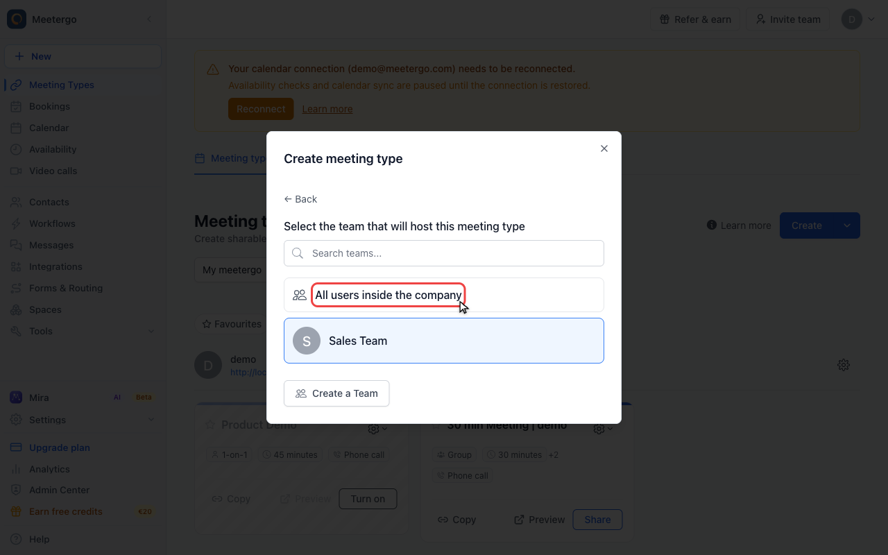 Select the team workspace