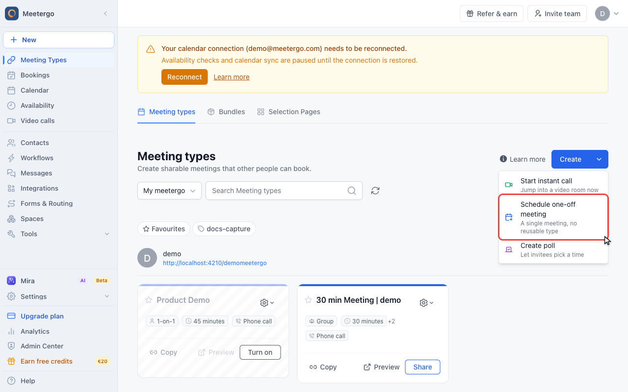 Choose Schedule one-off meeting