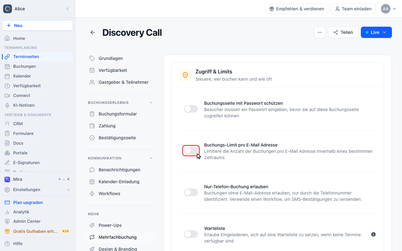 Buchungs-Limit pro E-Mail Adresse einschalten