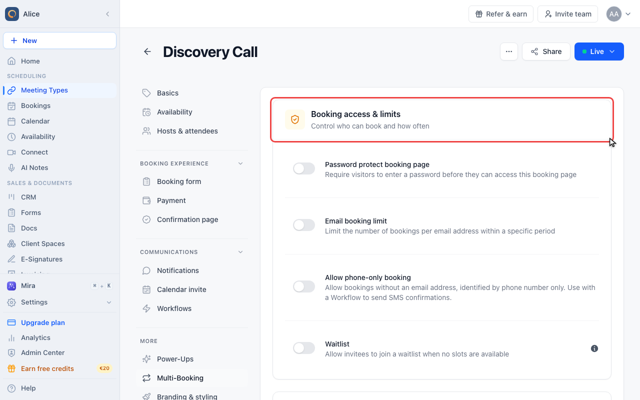Find Booking access & limits