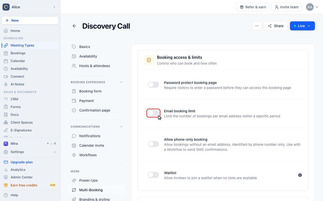 Turn on Email booking limit