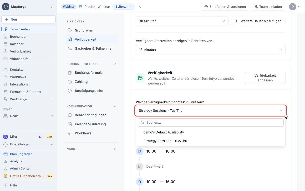 Verfügbarkeits-Dropdown öffnen