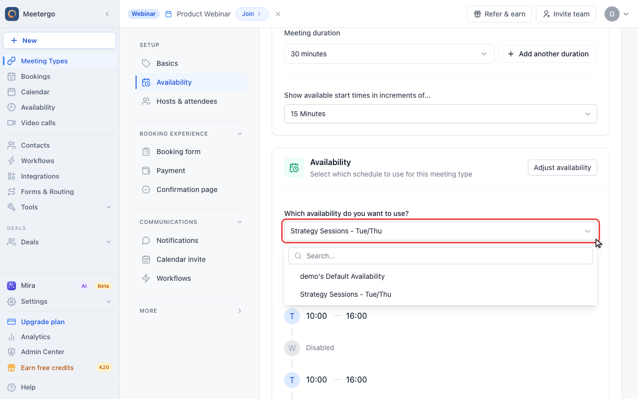 Open the availability dropdown