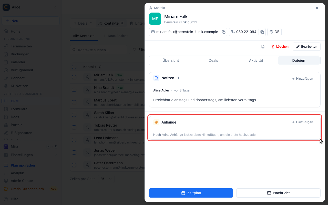 Notizen und Dateien am Kontakt