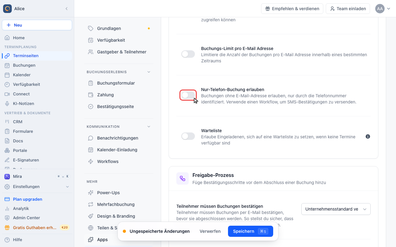 Nur-Telefon-Buchung erlauben einschalten