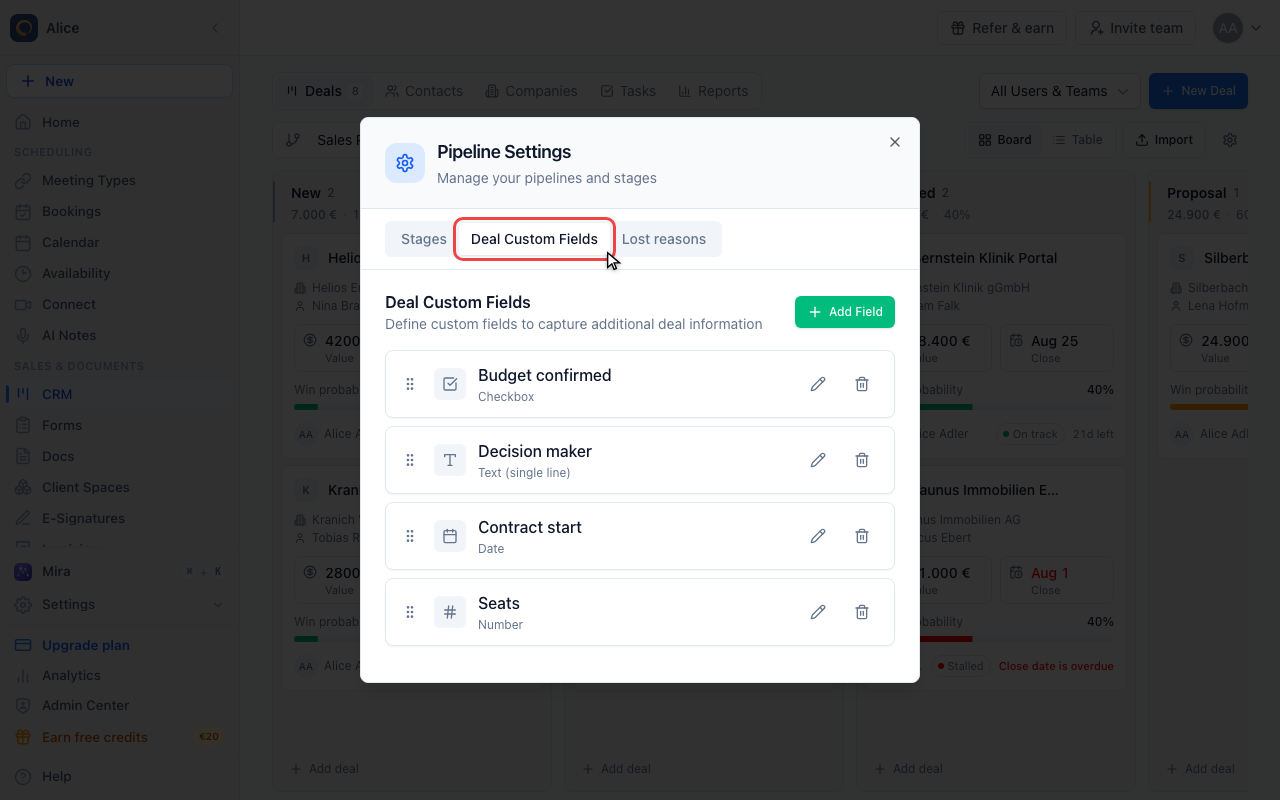 Open Deal Custom Fields
