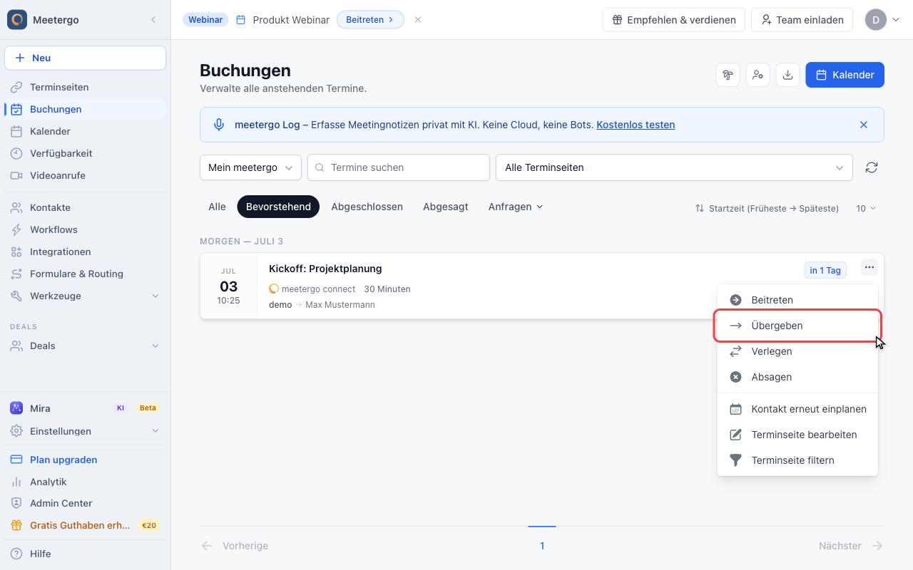 Übergeben auswählen