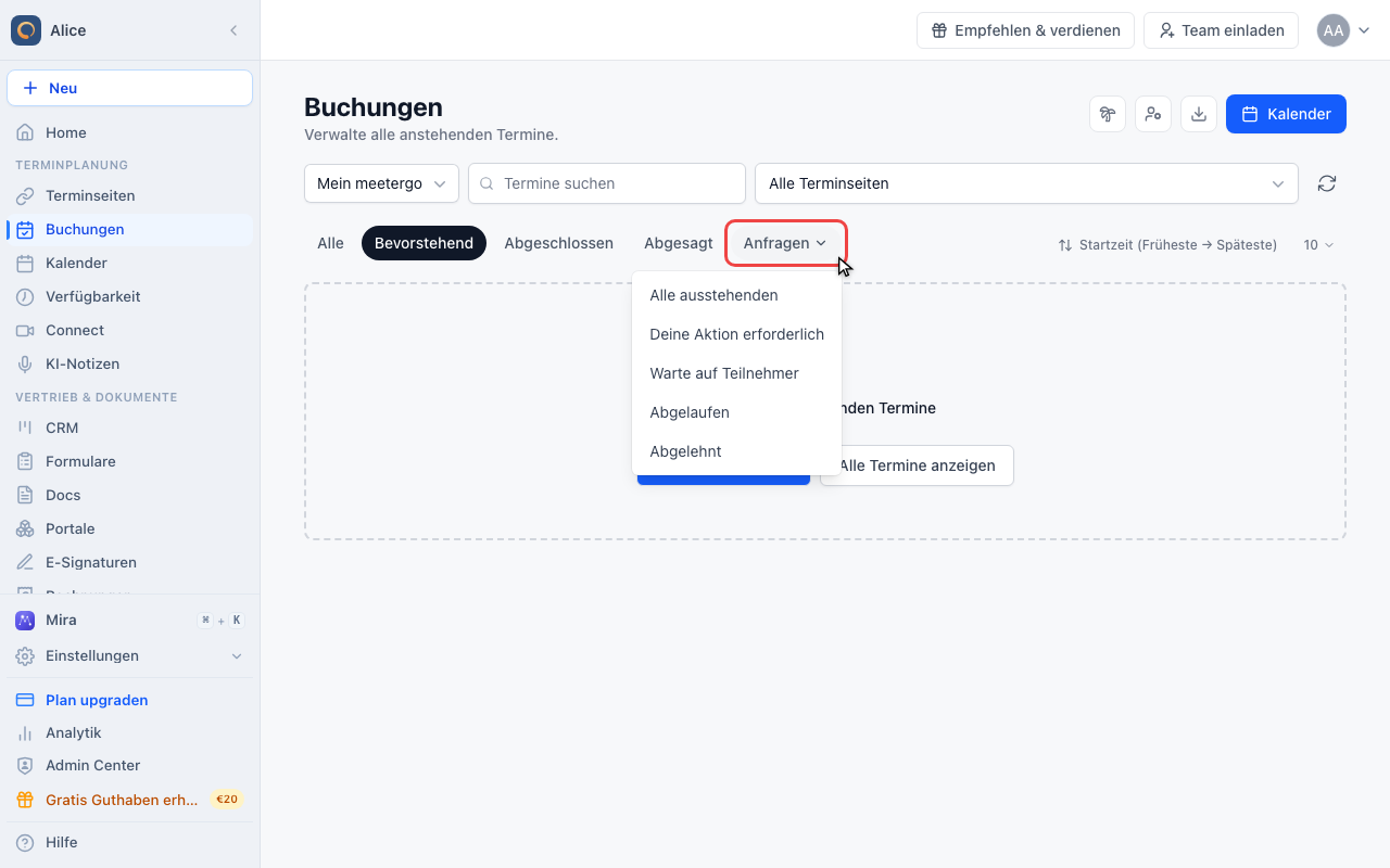 Den Filter Anfragen öffnen
