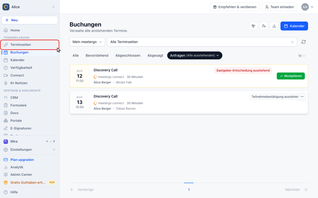 Terminseiten öffnen