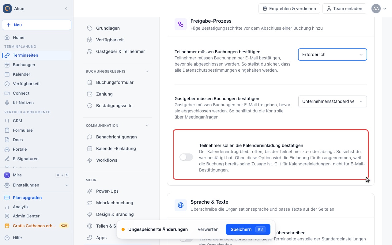 Den Schalter zur Kalendereinladung nicht verwechseln
