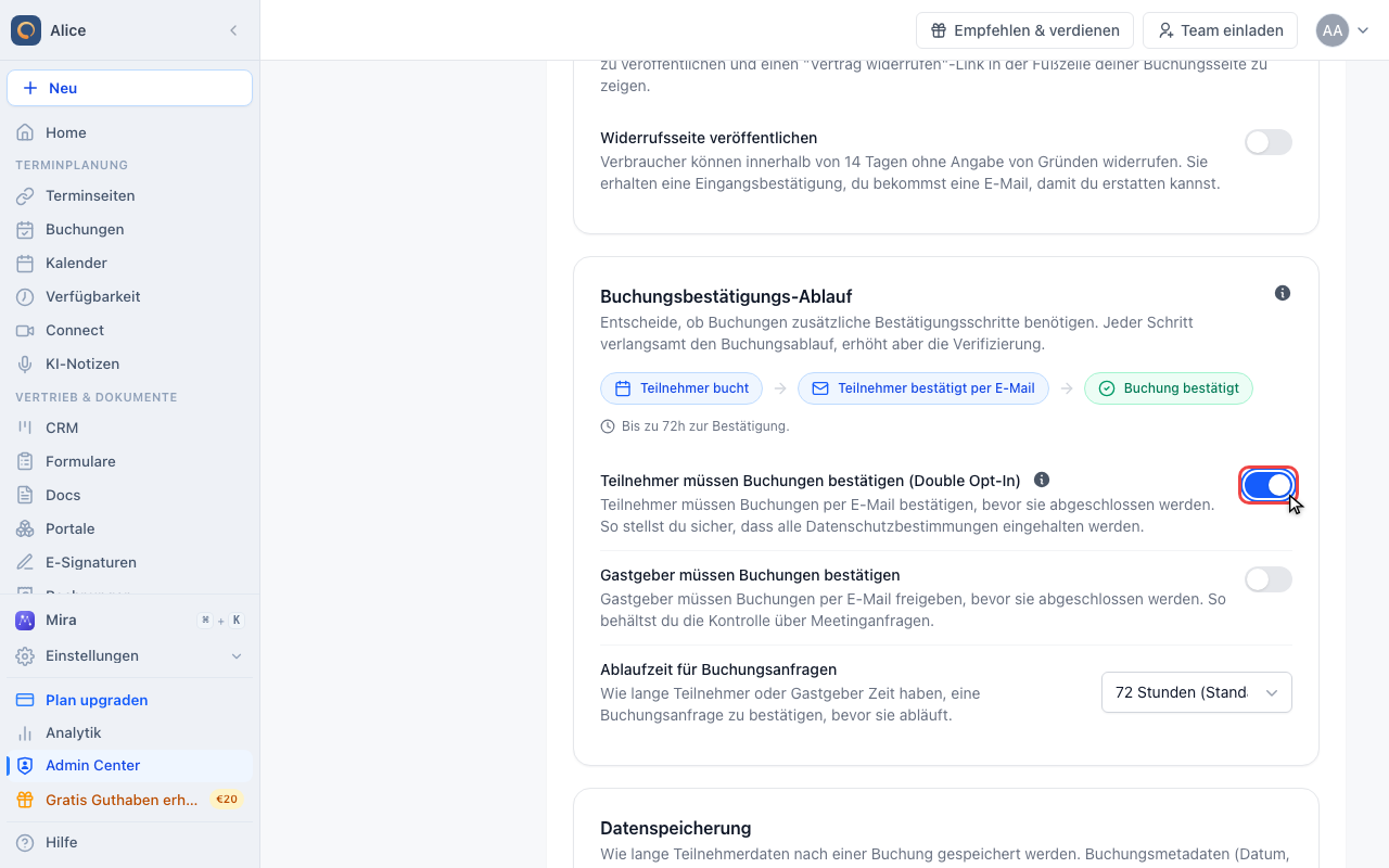 Teilnehmerbestätigung einschalten