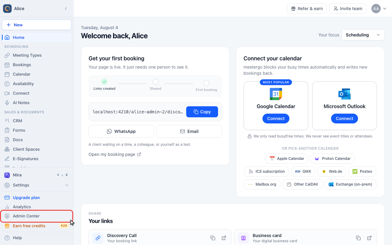 Open the Admin Center