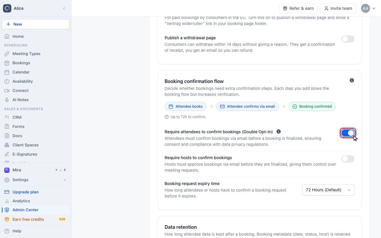 Switch attendee confirmation on