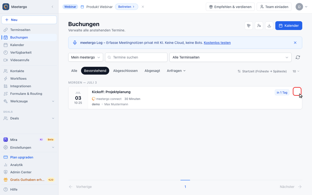 Aktionsmenü öffnen