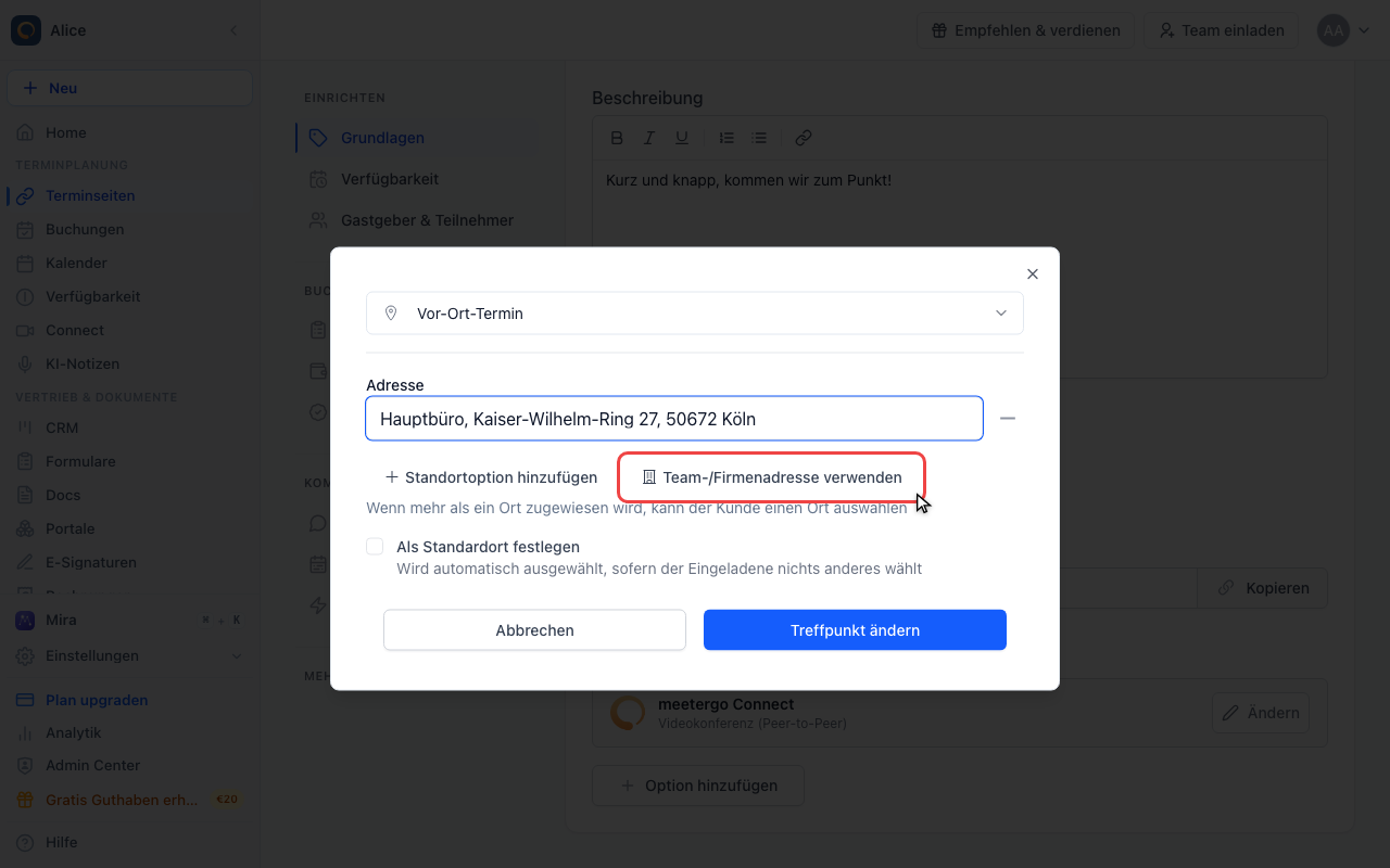 Statt Tippen die Team-Adresse übernehmen