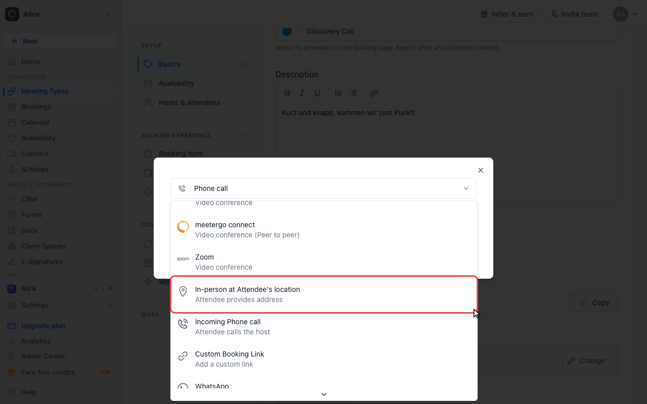 Choose In-person at Attendee's location