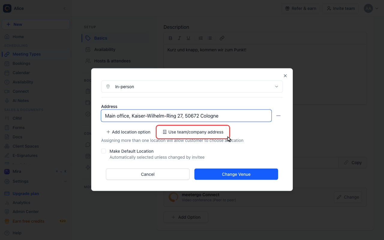 Reuse the team address instead of typing one