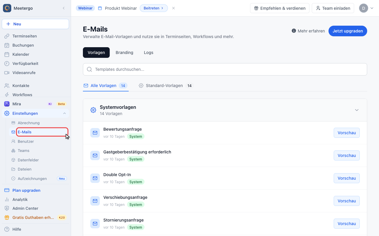 Templates-Tab prüfen