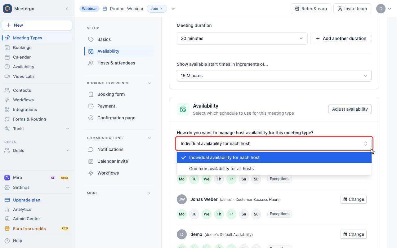 Open the availability mode menu