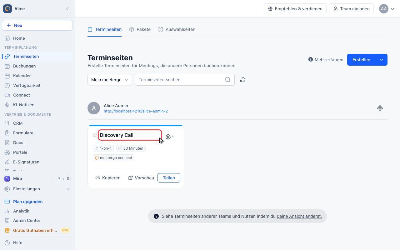 Die Terminseite öffnen