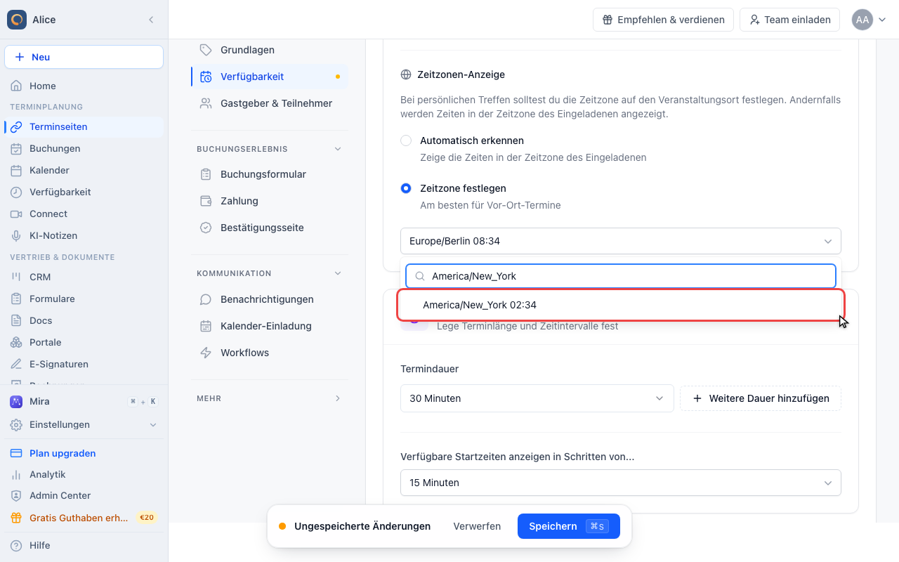 Die Zeitzone aus der Liste wählen