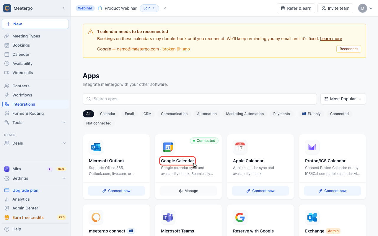 Verify the connected calendar account